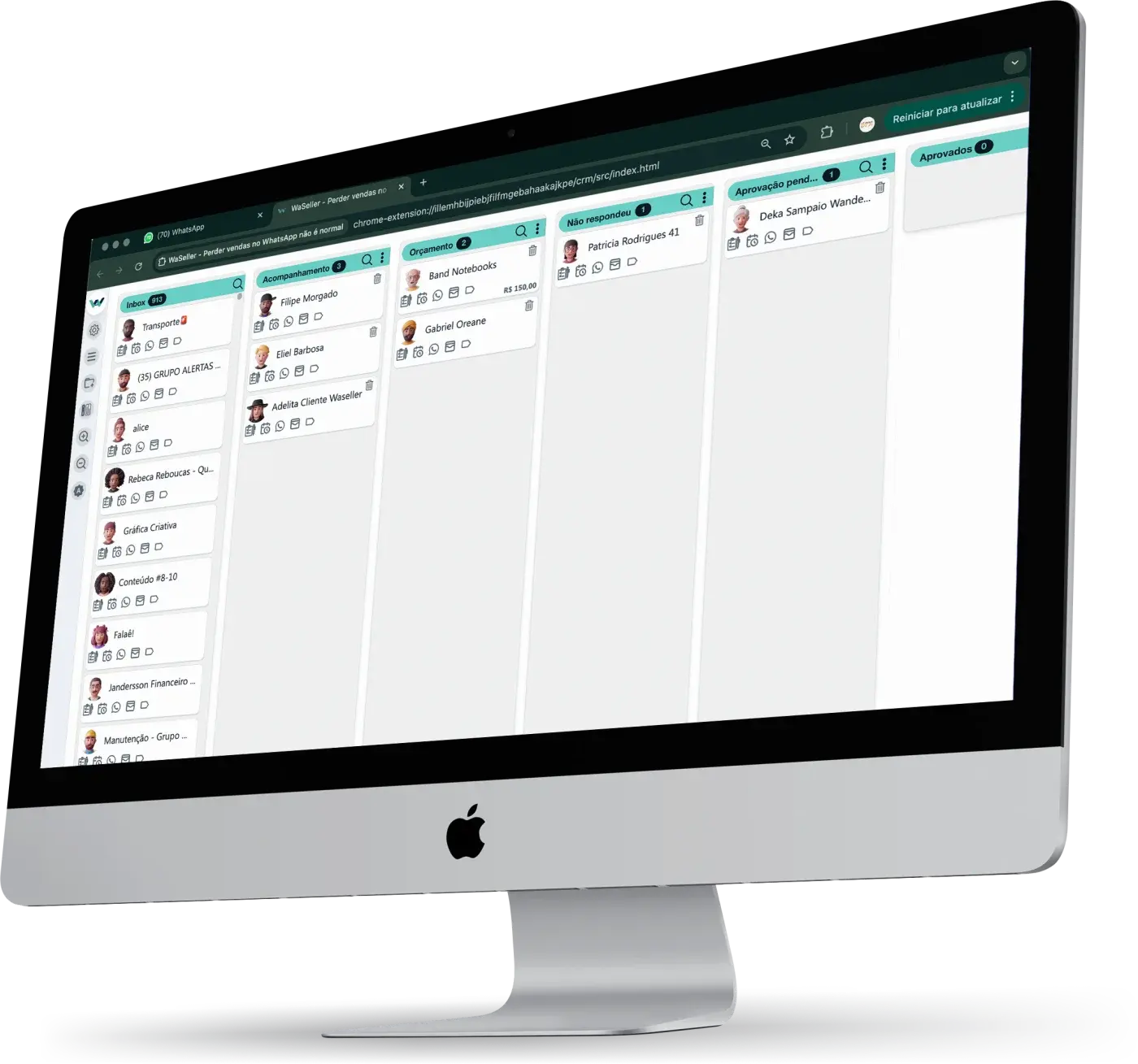 iMac exibindo o CRM Kanban do Waseller